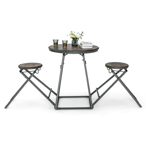 Costway 3-Piece Bar Table Set Round Pub Dining Table & 2 Foldable Stools w/ Metal Frame