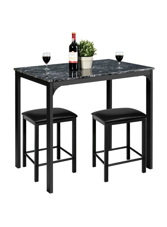Costway 3 Piece Counter Height Dining Set Faux Marble Table 2 Chairs Kitchen Bar Black