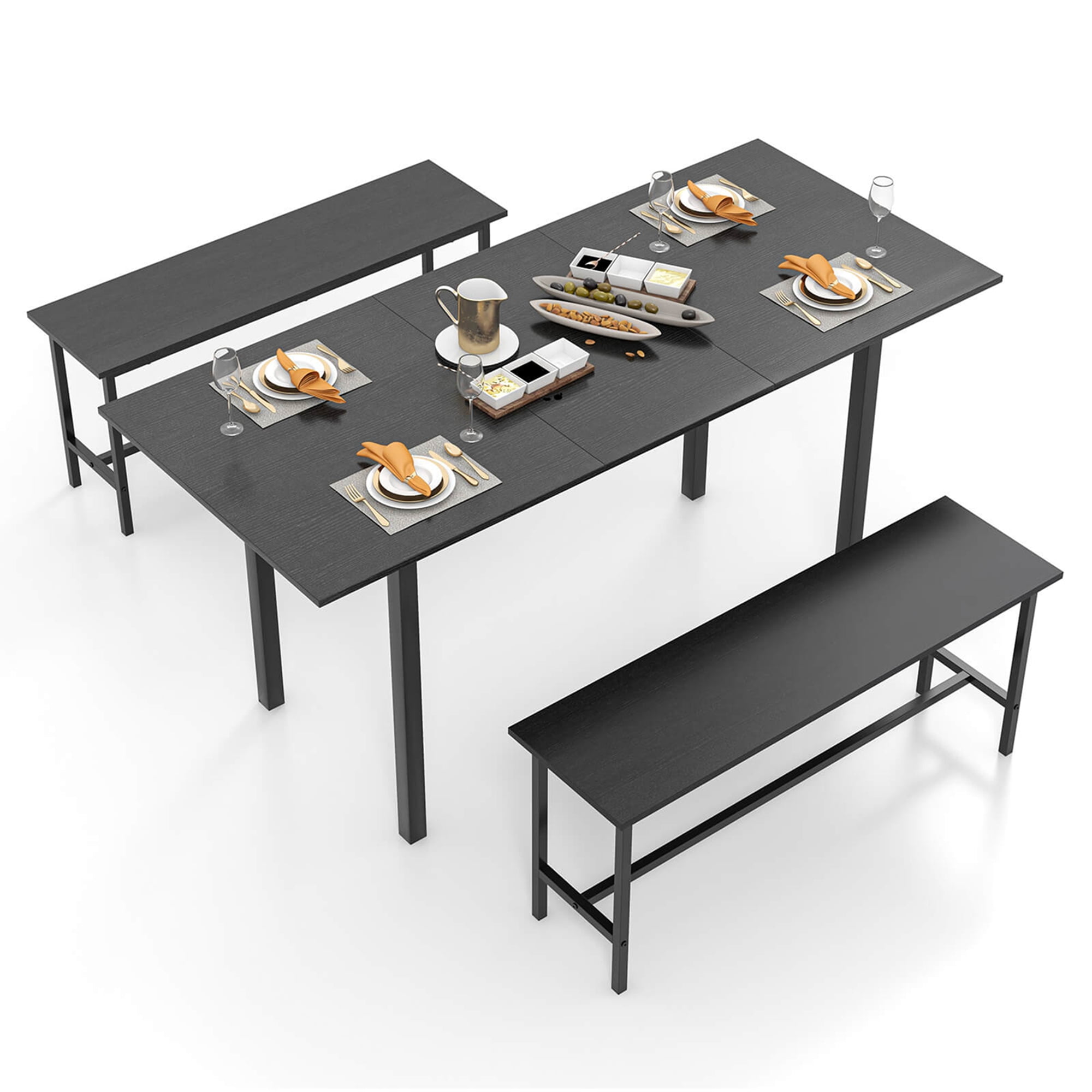 Costway 3 Piece Dining Table Set for 4-6  63"Kitchen Table with 2 Benches Metal Frame Black