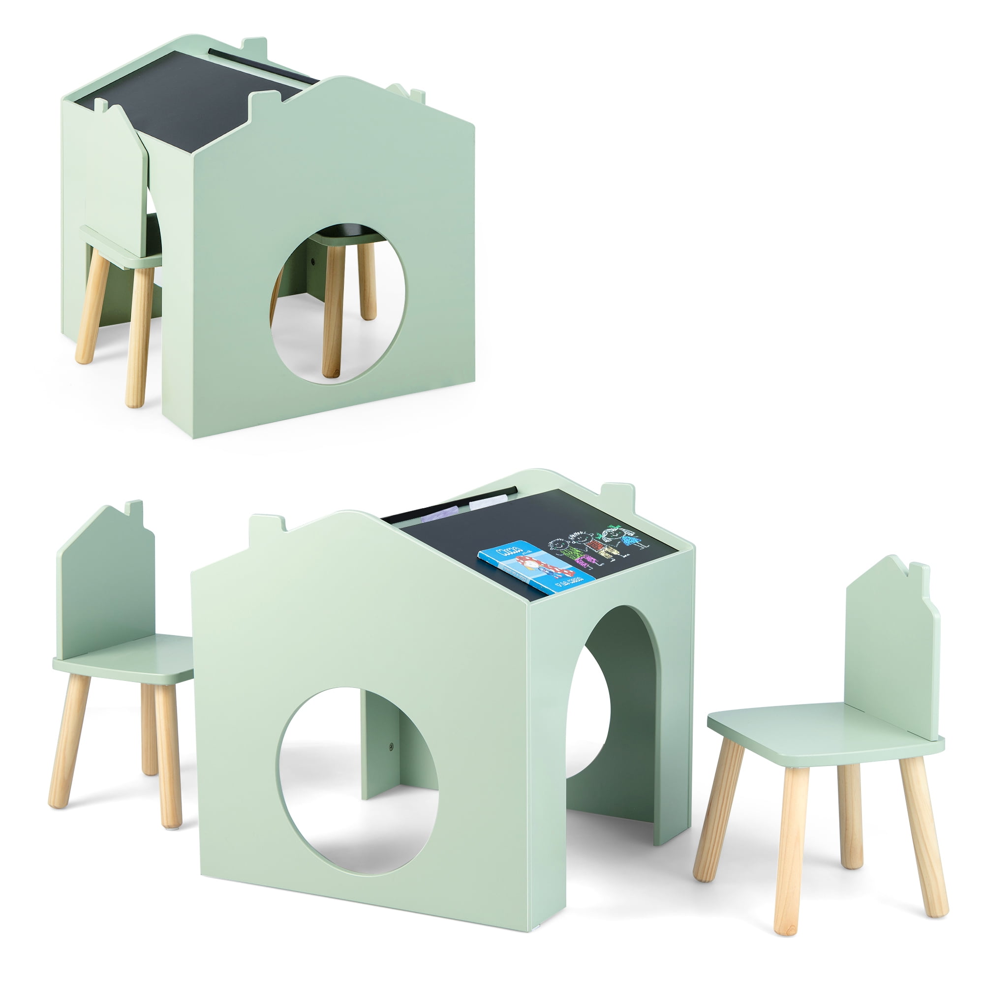 Green Wooden Kids Table and Chair Set with Chalkboard