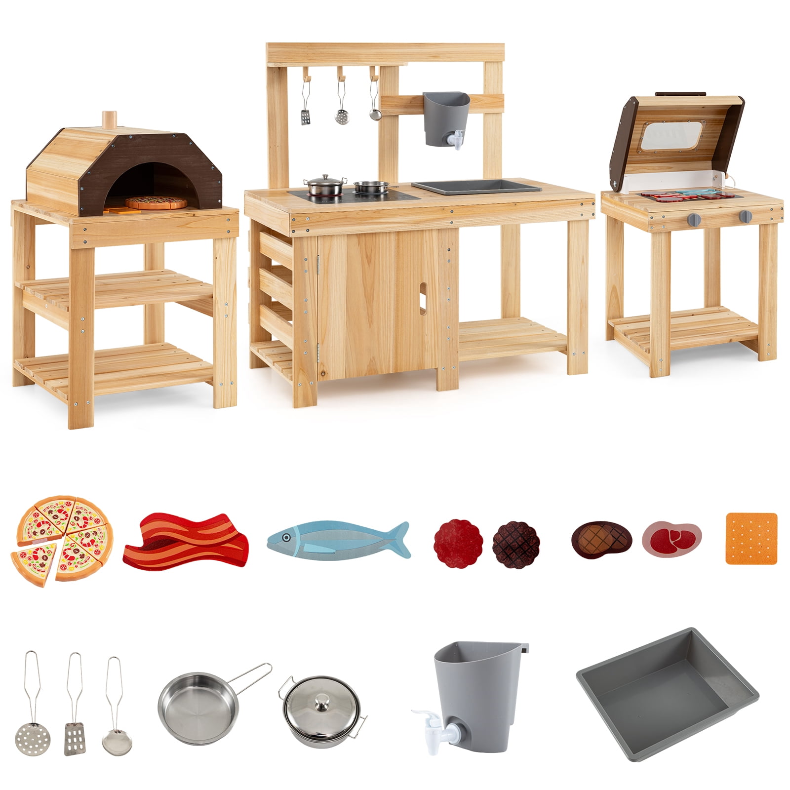 Costway 3-Piece Outdoor Wooden Kitchen Playset Kids Mud Kitchen