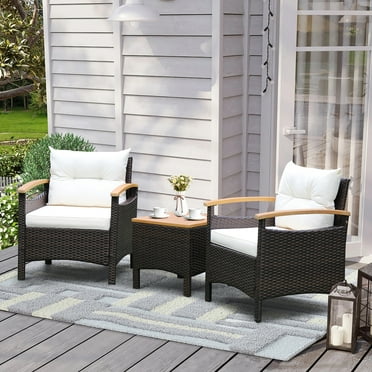 Costway 3-Piece PE Rattan Outdoor Patio Dining Set with Cushions, Brown/Off-White