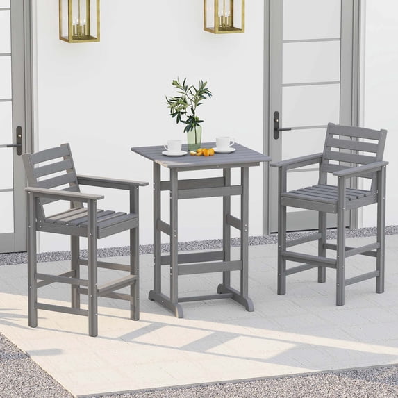 Costway 3-Piece Patio HDPE Bar Set Armchairs with Square High-Top Table Footrest Backrest Gray