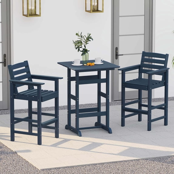Costway 3-Piece Patio HDPE Bar Set Armchairs with Square High-Top Table Footrest & Backrest Navy