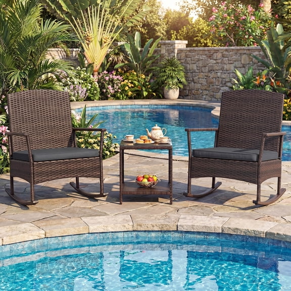 Costway 3 Piece Patio Rocking Bistro Set, 2 Rattan Armchairs with 2-Tier Side Table Mix Brown + Gray