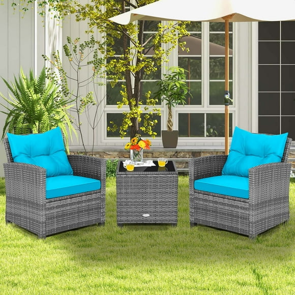 Costway 3-Piece Rattan Outdoor Patio Dining Set with Side Table Armrest, Gray/Turquoise