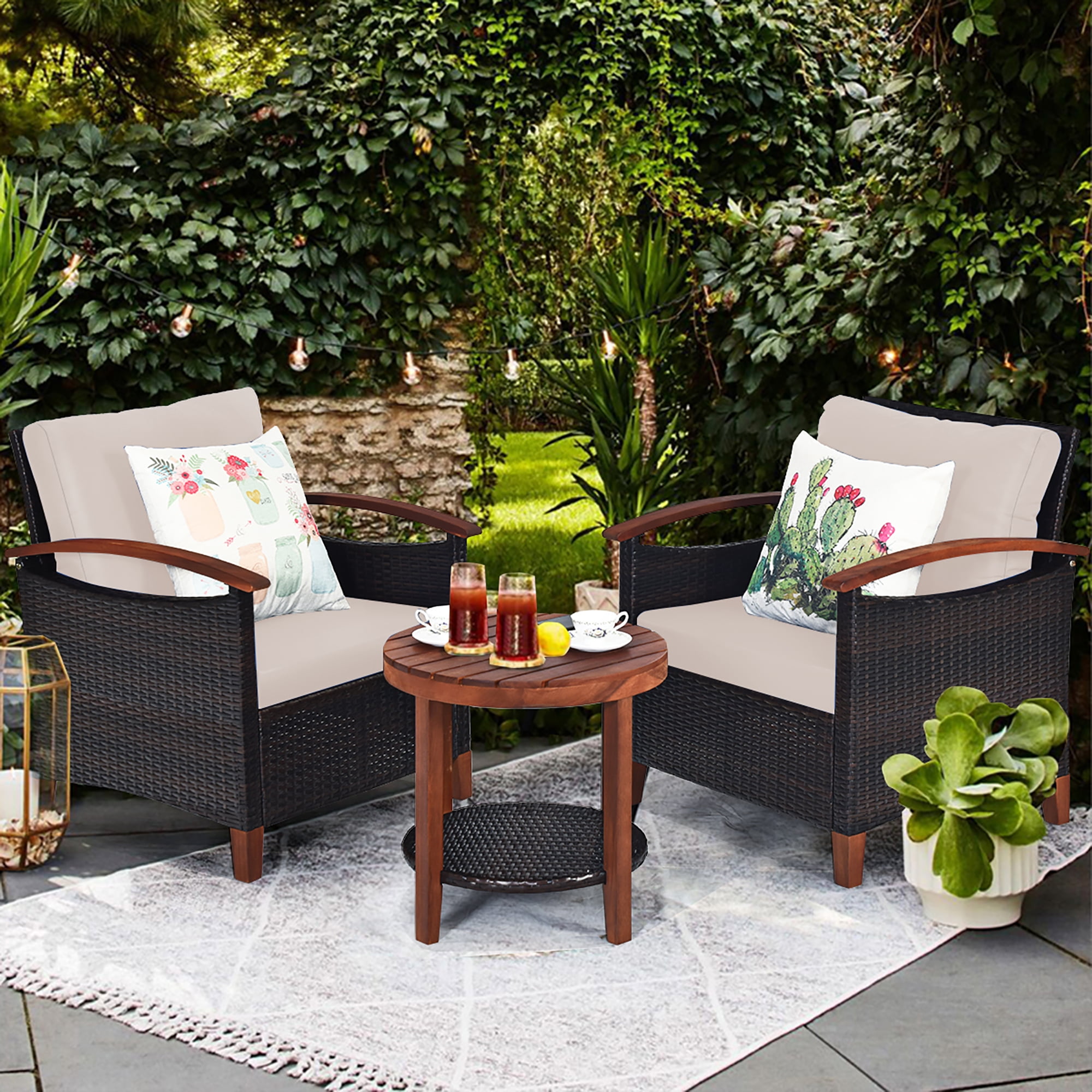 Beige Acacia Wood and Rattan Outdoor Bistro Set