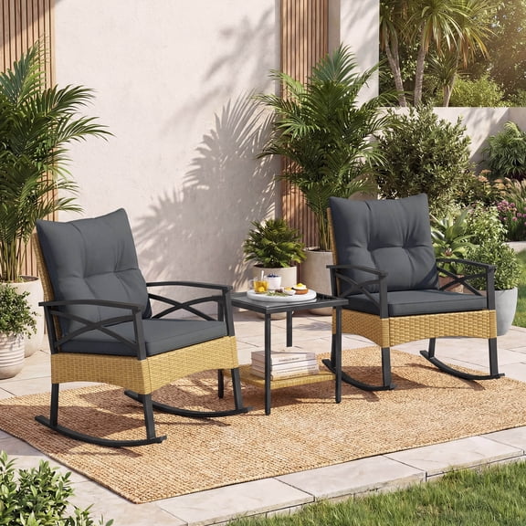 Costway 3-Piece Rattan Rocking Bistro Set with Tempered Glass Tabletop & Cushions for Porch Natural + Gray