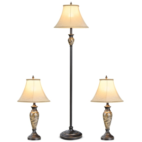 Costway 3-Piece Traditional Style Lamp Set with Linen Fabric Lamp Shades & Weighted Bases