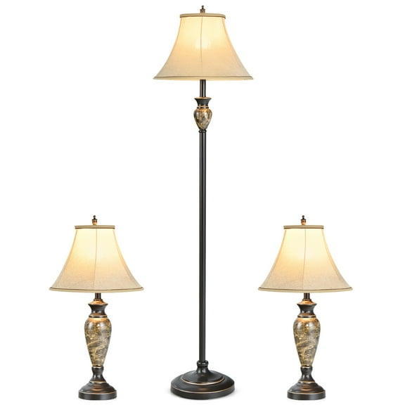 Costway 3-Piece Traditional Style Lamp Set with  Linen Fabric Lamp Shades  Weighted Bases