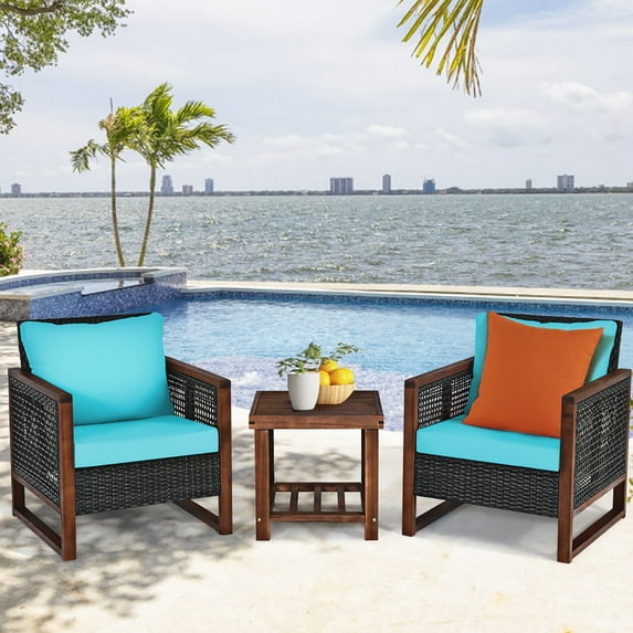 Costway 3-Piece Wicker Outdoor Patio Dining Set with Square Table, Turquoise