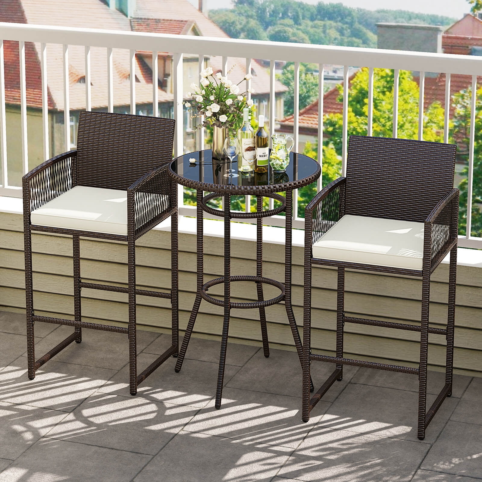 Costway 3 Piece Wicker Patio Bar Set with 2 Seat Cushions Glass ...
