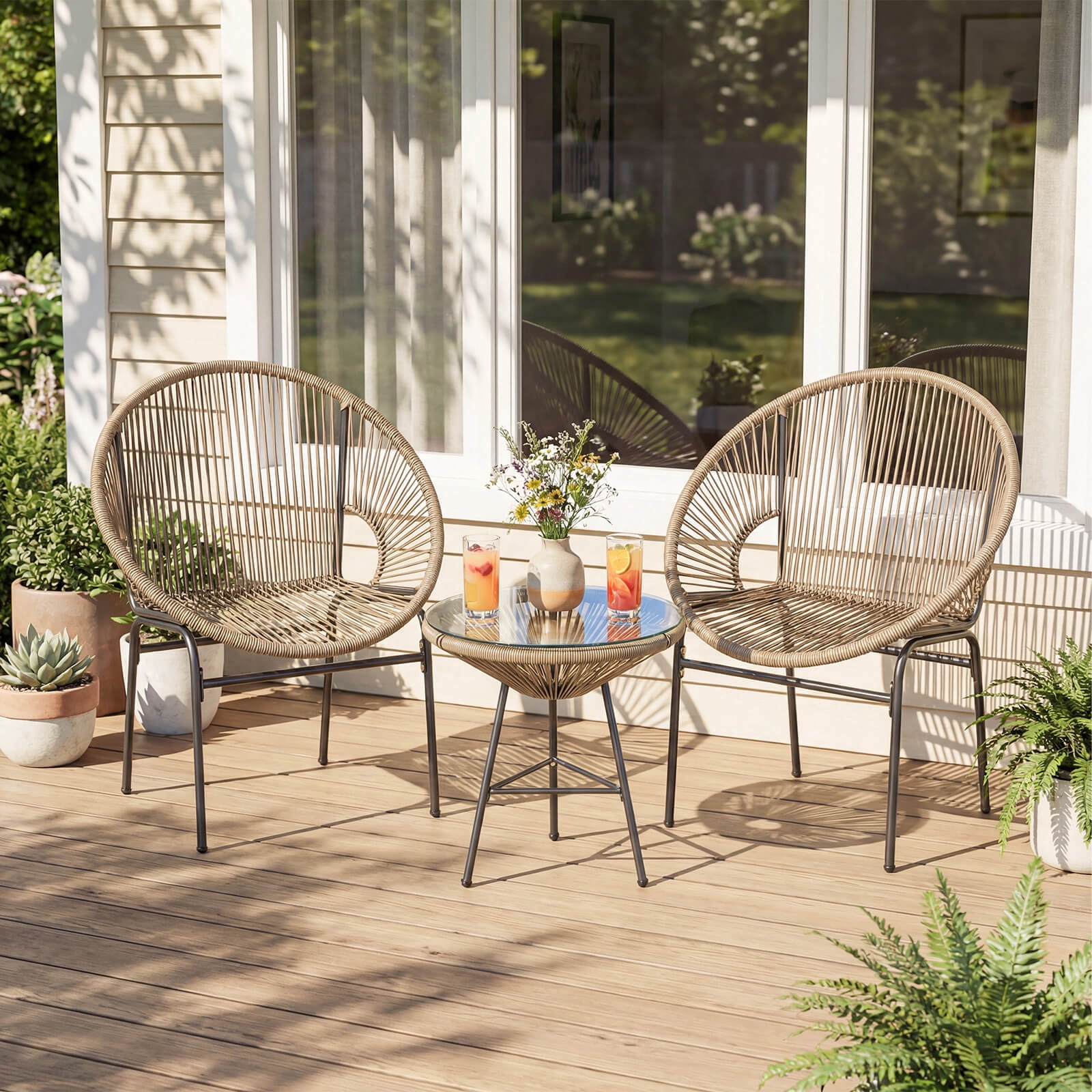 Costway 3-Piece Wicker Patio Bistro Set,Outdoor Acapulco Chairs and Tempered Glass Table Beige + Black