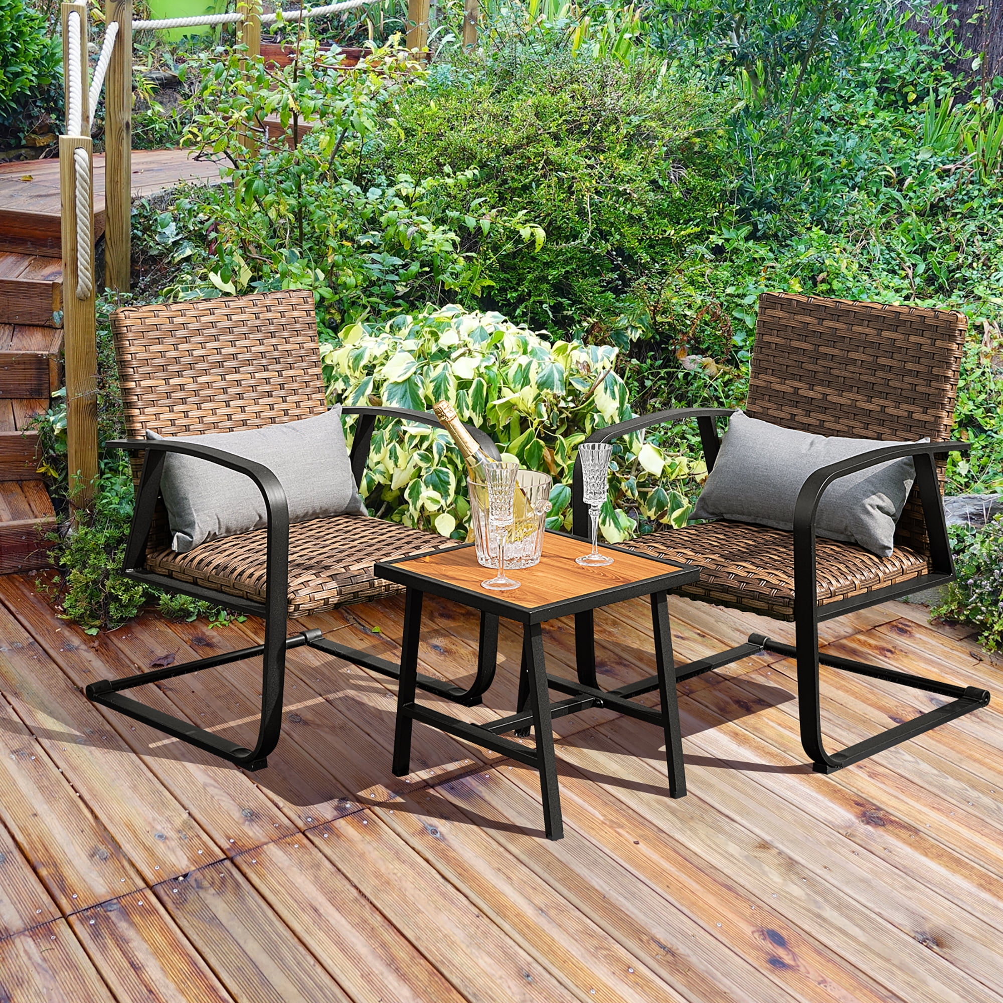 Costway 3-Piece Balcony Furniture Wicker Patio Set with C-Spring