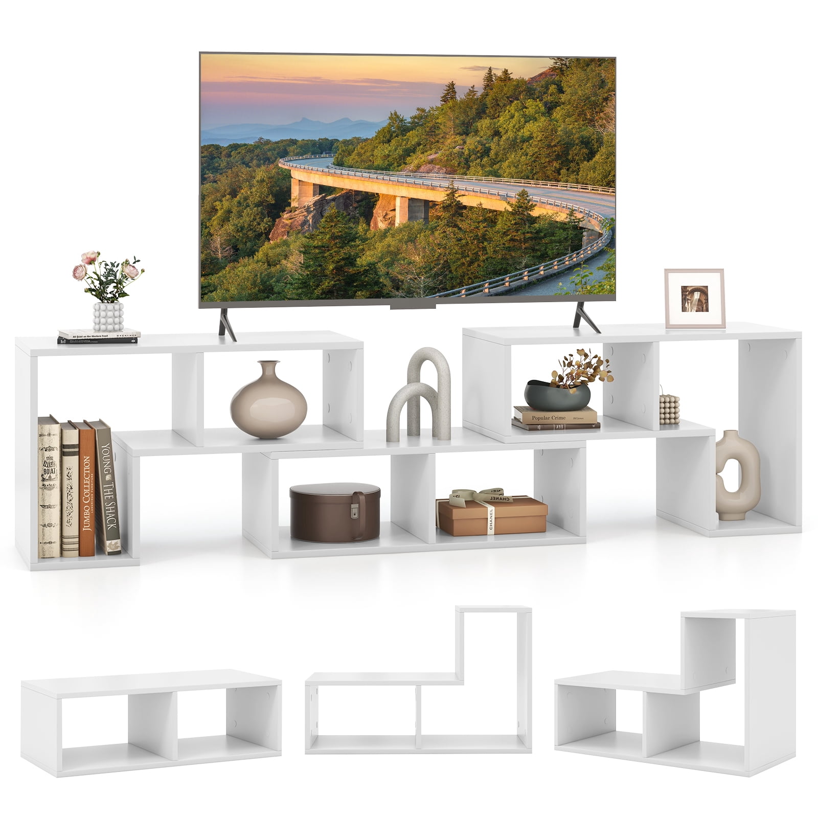 Costway 3 Pieces Adjustable TV Console Stand with 2 L-Shaped Shelve & Rectangular Shelf for TVs up to 65” Light White