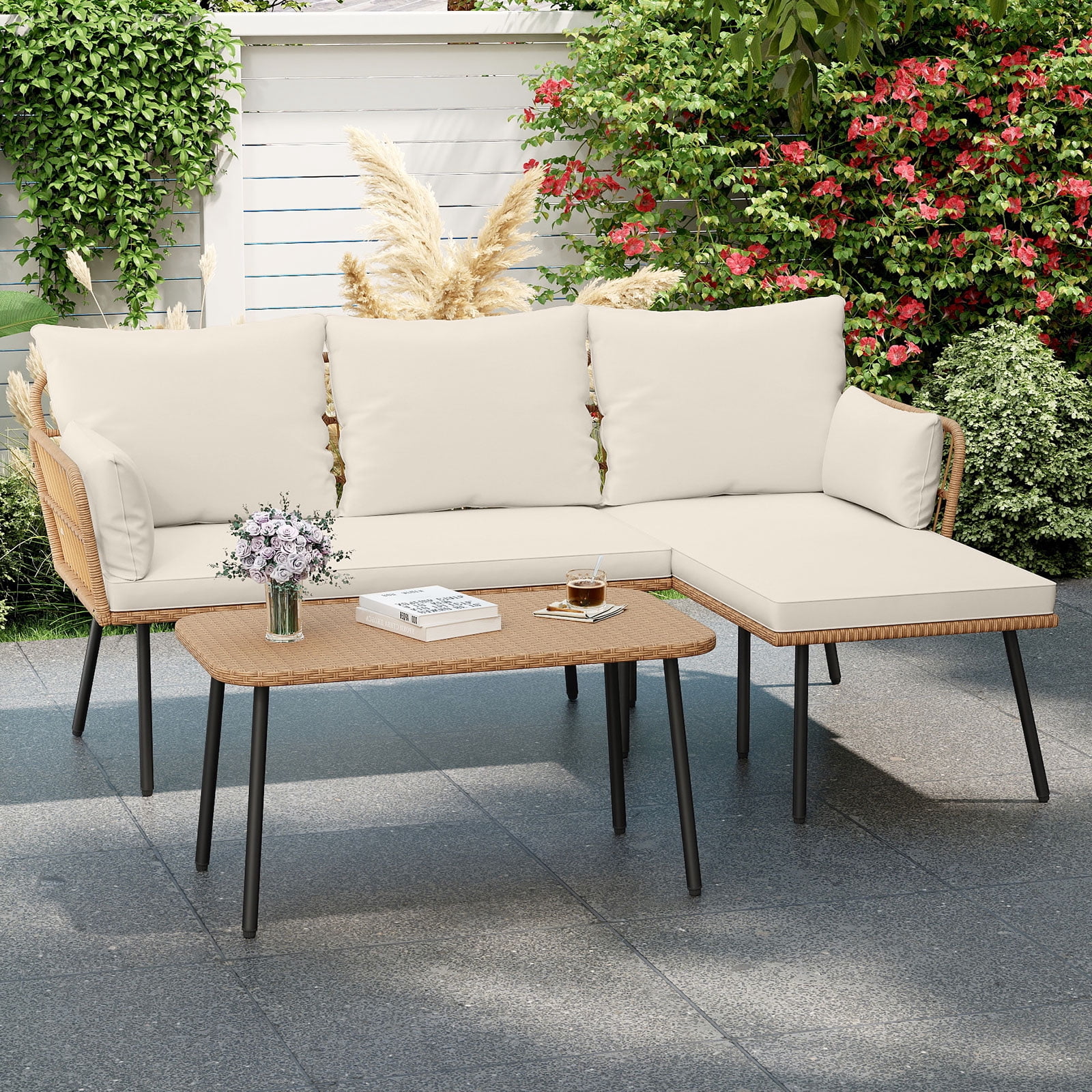 Costway 3 Pieces L-Shaped Patio Furniture Set with Coffee Table, Removable Cushions Mix Yellow + Off White/ Light Brown + Beige