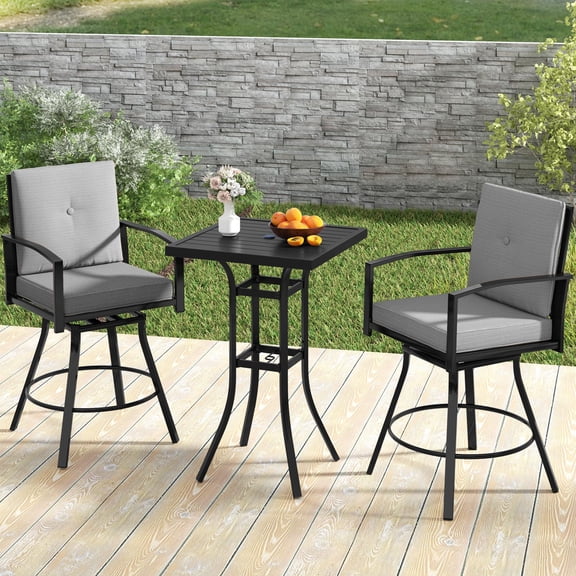 Costway 3 Pieces Patio Swivel Bar Set with Soft Cushions & 1.57” Umbrella Hole for Lawn Black+Gray