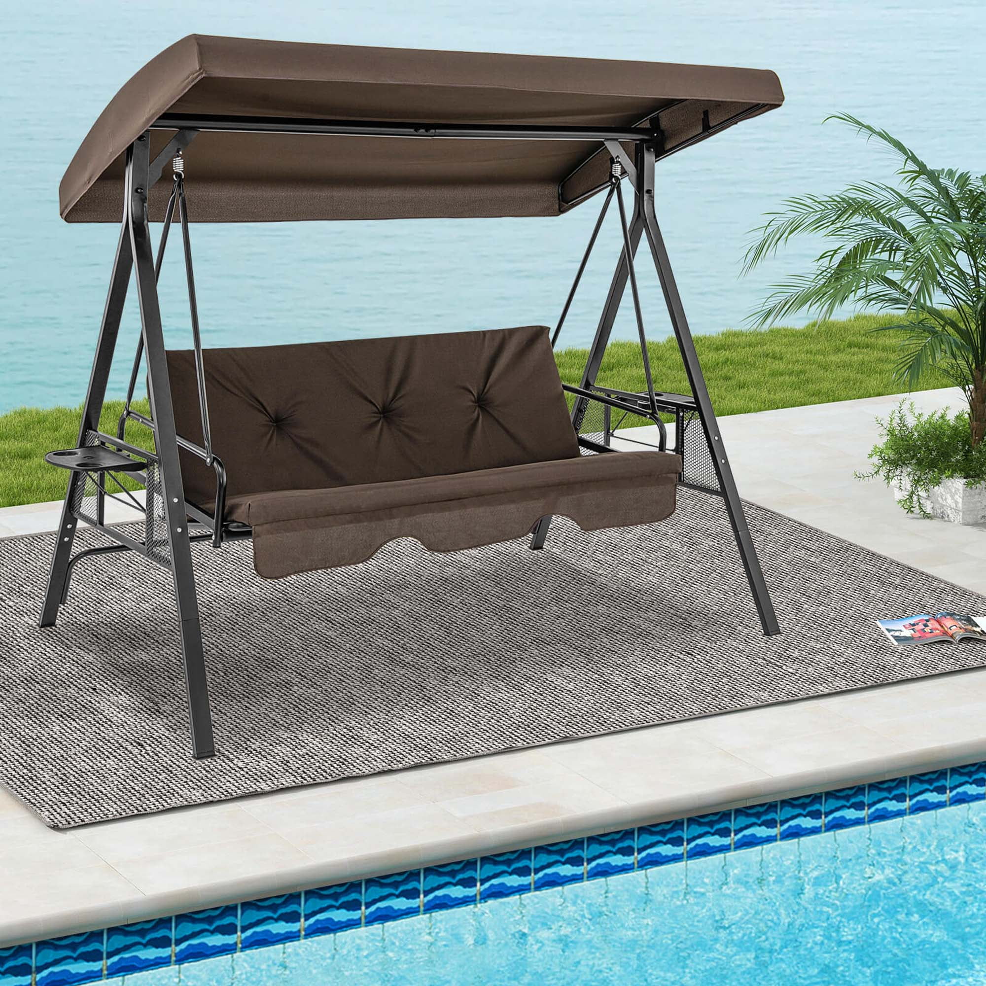 Brown Metal Outdoor 3-Seat Swing with Adjustable Canopy and Cushions