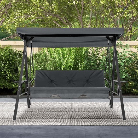Costway 3-Seat Patio Porch Swing with Adjustable Canopy Soft Seat Back Cushions Side Tables Grey