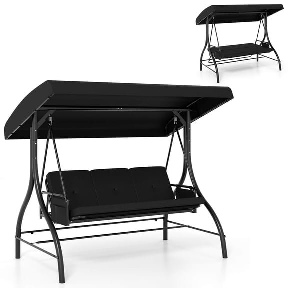 Costway 3-Seat Patio Swing with Canopy with Removable Cushions & Side Pockets Stand Black