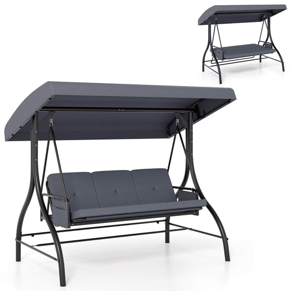 Costway 3-Seat Patio Swing with Canopy with Removable Cushions & Side Pockets Stand Gray