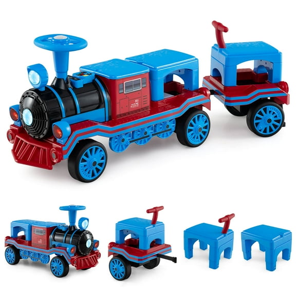 Costway 3-Seater Ride on Train Set Trackless, 12V Ride on Toy Car with 2 Removable Chairs Blue+Red