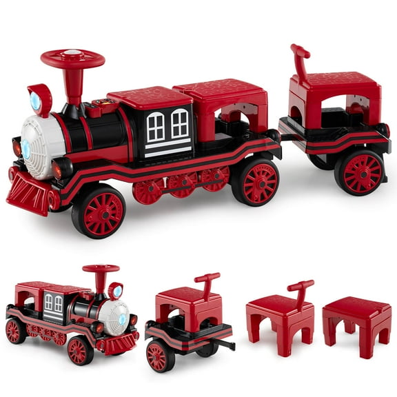 Costway 3-Seater Ride on Train Set Trackless, 12V Ride on Toy Car with 2 Removable Chairs Red+Black