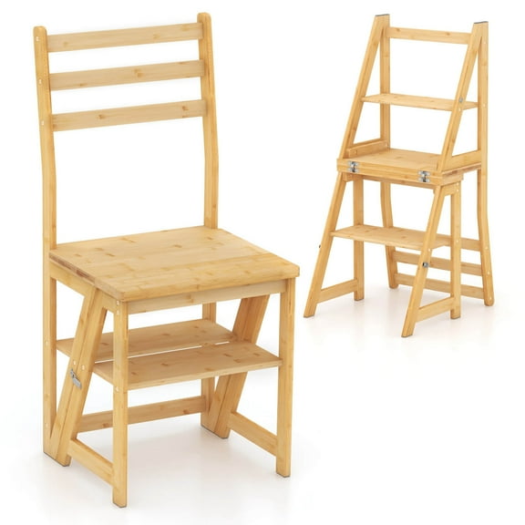 Costway 3-Step Folding Step Ladder Chair with Bamboo Frame Convertible Ladder Stool Natural