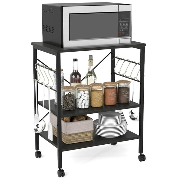 Costway 3-Tier Baker's Rack Utility Serving Cart with 10 Removable Hooks, Lockable Casters