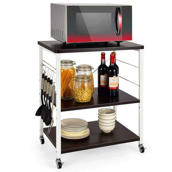 Costway 3-Tier Baker’s Rack with 10 Removable Hooks Lockable Casters for Coffee Restaurant