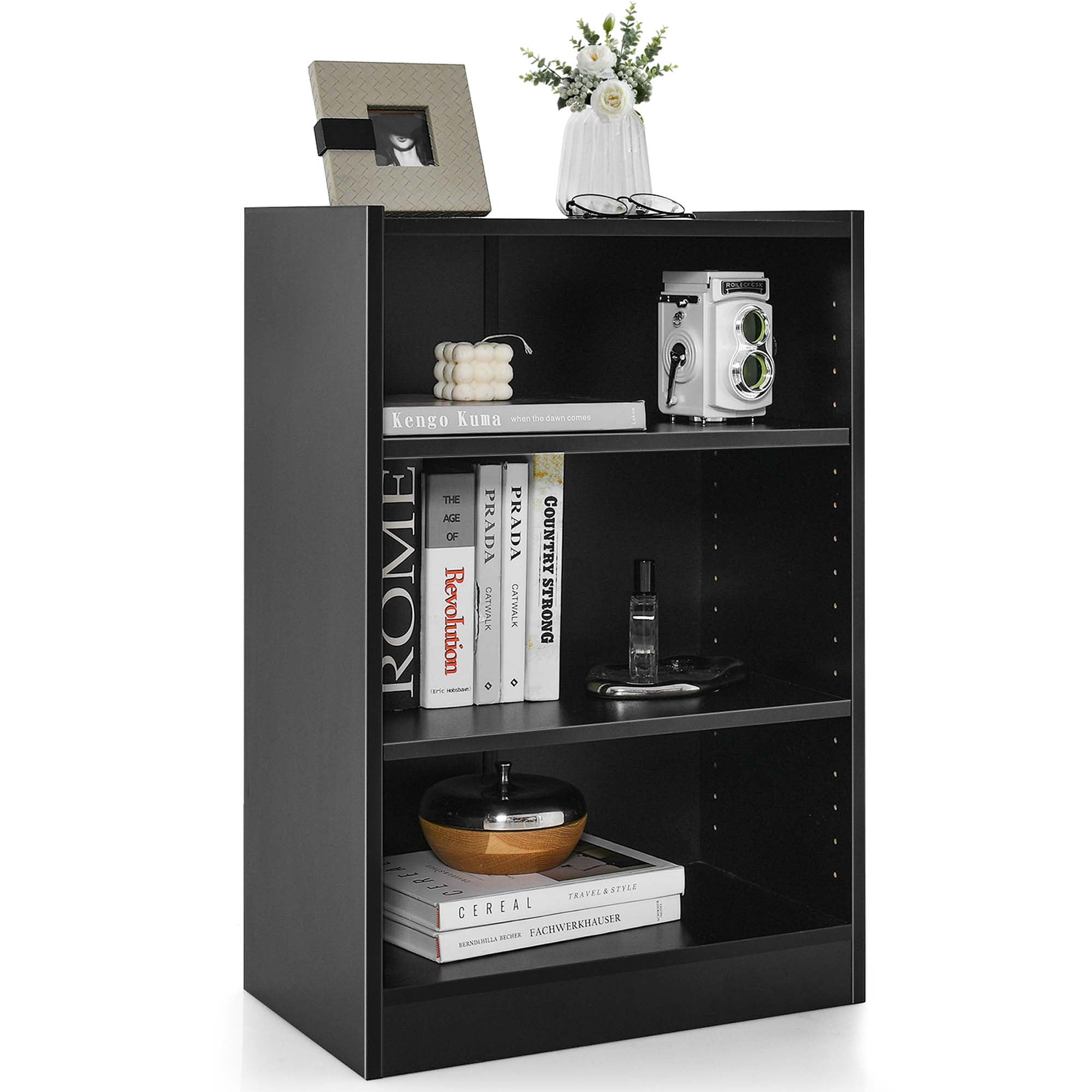 Black Adjustable 3-Tier MDF Wood Bookcase