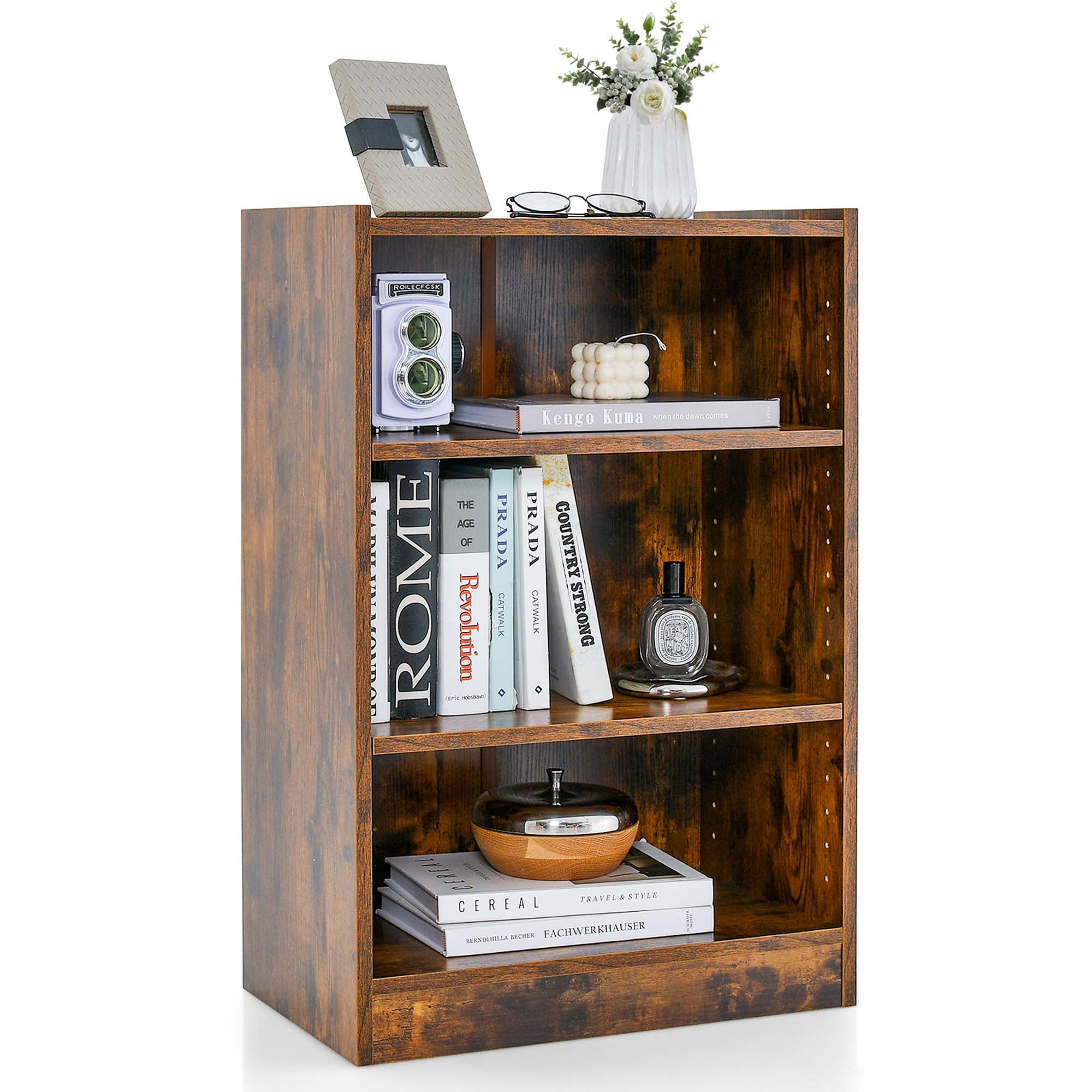 Rustic Brown 3-Tier Adjustable Wood Bookcase