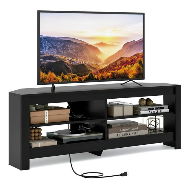 Costway 3-Tier Corner TV Stand with Power Outlet 4 Open Storage Shelves for Living Room Black