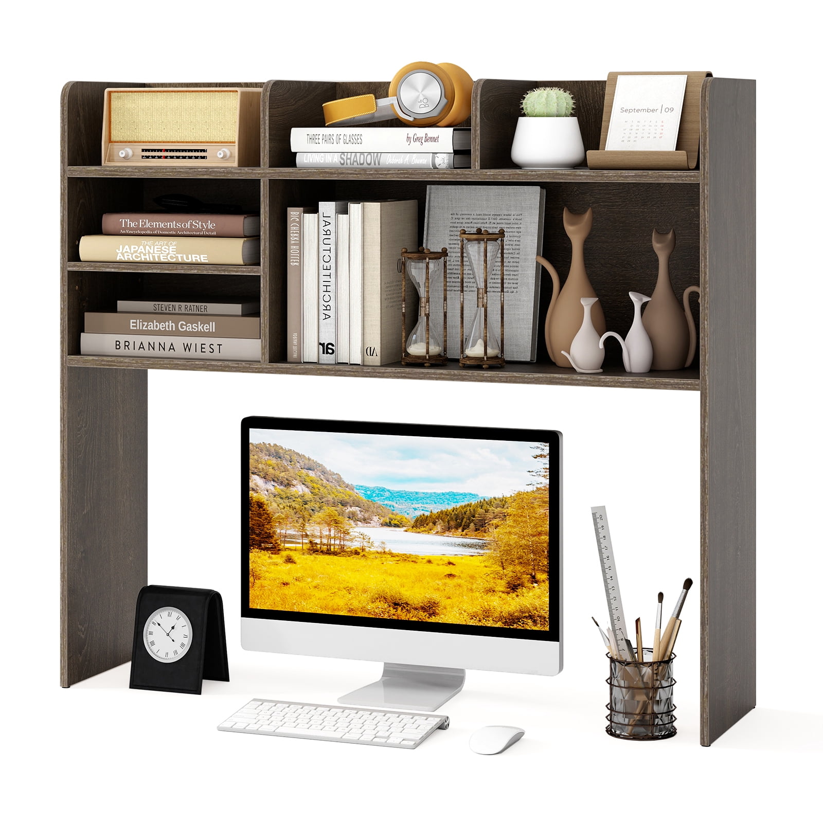 Costway 3-Tier Desktop Bookshelf with 6 Shelves Desk Organizer for Computer Desk Gray