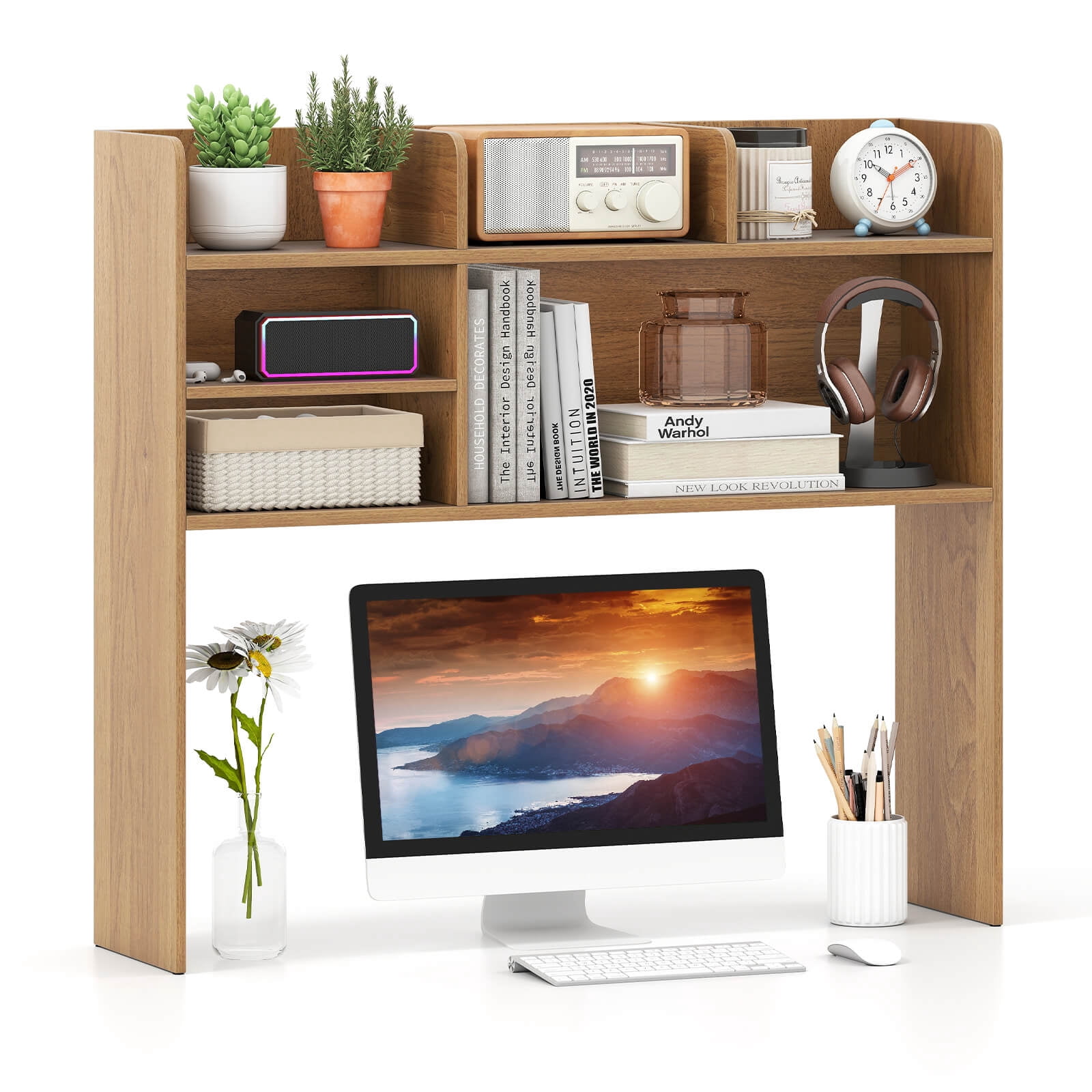 Costway 3-Tier Desktop Bookshelf with 6 Shelves Desk Organizer for Computer Desk Natural