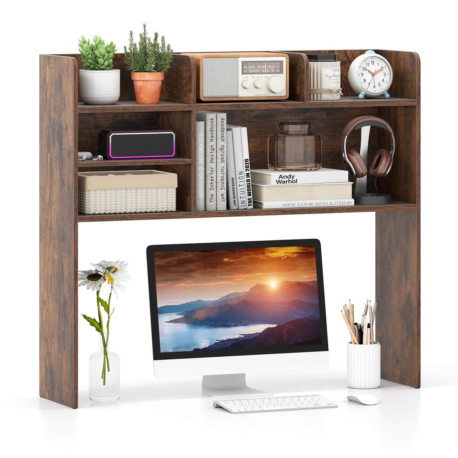 Costway 3-Tier Desktop Bookshelf with 6 Shelves Desk Organizer for Computer Desk Rustic Brown