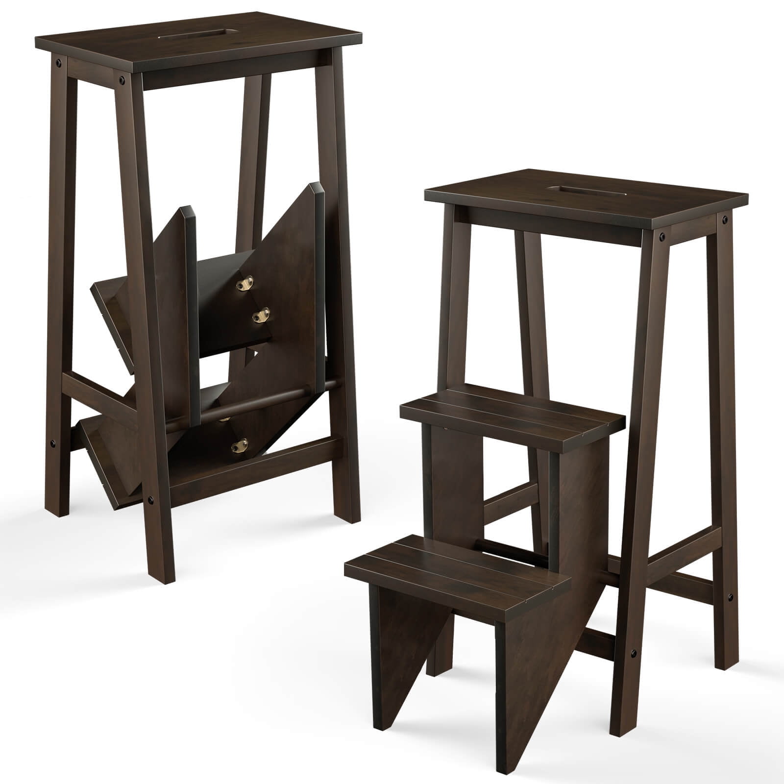 Brown Rubber Wood Foldable 3-Tier Step Stool and Storage Shelf