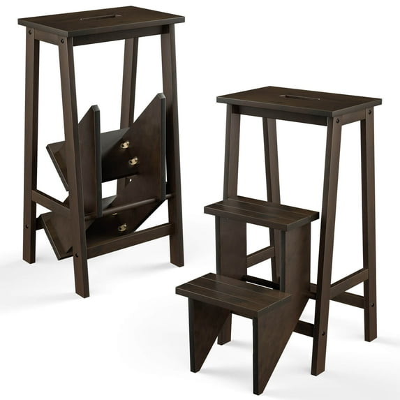 Costway 3-in-1 Rubber Wood Ladder 3 Tier Folding Step Stool Brown