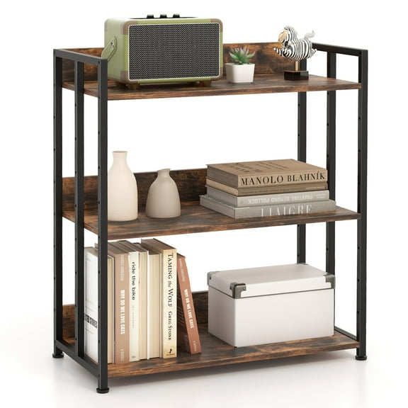 Costway 3-Tier Industrial Metal Frame Corner Bookcase with Adjustable Shelves Rustic Brown