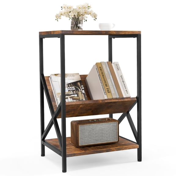 Costway Industrial Side Table 3-Tier Nightstand End Table with 2 Open Storage Shelves Rustic Brown