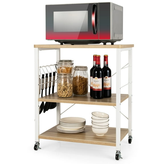 Costway 3-Tier Kitchen Baker's Rack Microwave Oven Storage Cart w/ Hooks Beige