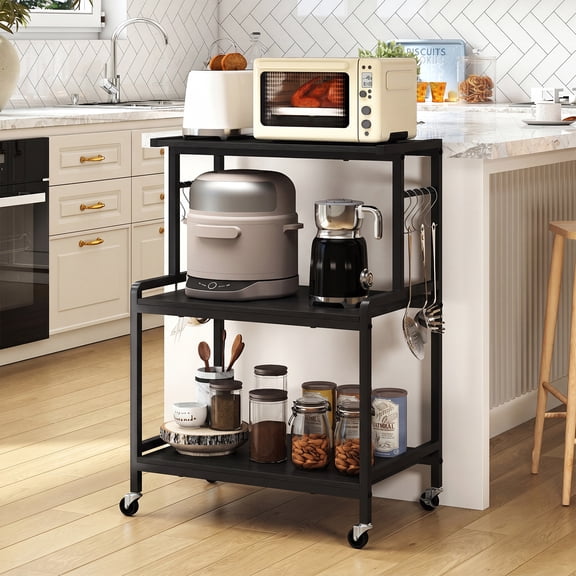 Costway 3-Tier Kitchen Rolling Microwave Cart with Power Outlet, 10 S-Shaped Hooks Black