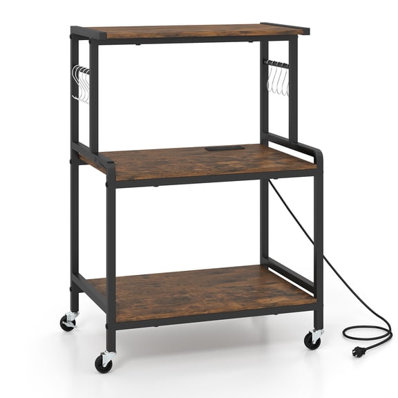 Costway 3-Tier Kitchen Rolling Microwave Cart with Power Outlet, 10 S-Shaped Hooks Rustic Brown & Black