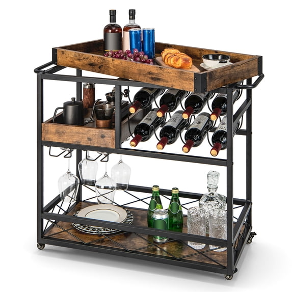 Costway 3-Tier Mobile Bar Serving Cart Liquor Storage Trolley with Removable Tray Wine Rack