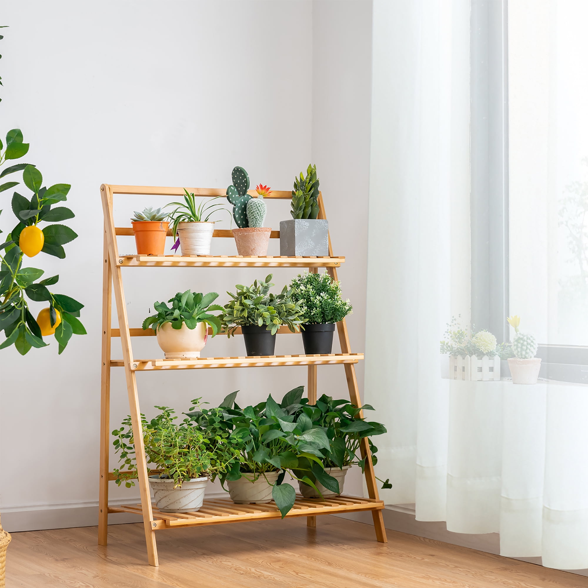 Costway 3 Tier Wooden Plant Furniture: Outdoor Bamboo Flower Pot Shelf ...