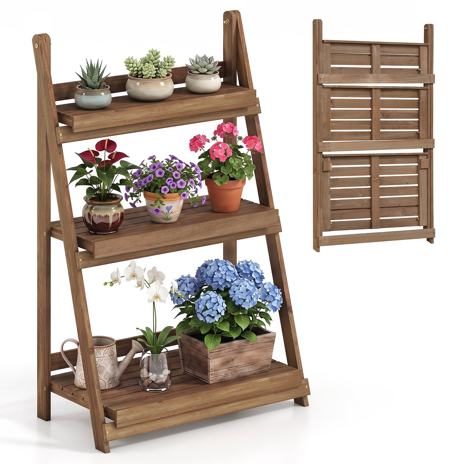 Costway 3-Tier Foldable Plant Stand with Slatted Shelves Fir Wood