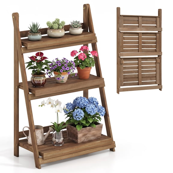 Costway 3-Tier Foldable Plant Stand with Slatted Shelves Fir Wood Frame