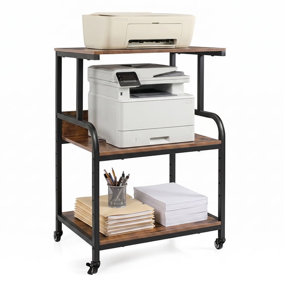 Costway 3-Tier Rolling Printer Stand with Adjustable Shelf, Lockable Wheels, Metal Frame Rustic Brown & Black