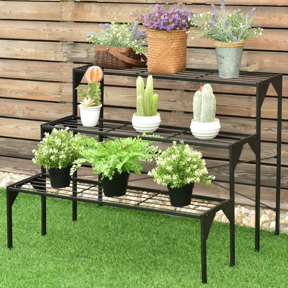 Costway 3 Tier Shelf Flower Plant Display Stand Rack, large modern black metal, 34.0in x 26.0in x 26.0in