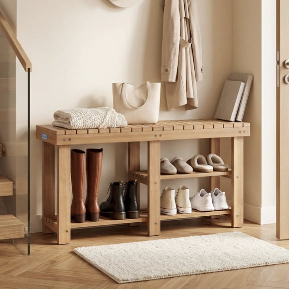 Costway 3-Tier Solid Wood Shoe Rack Bench with Slatted Shelves for Front Door, Entrance